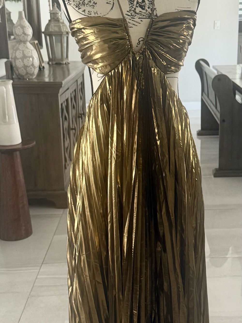 Strapless Metallic Gold Pleated Evening Dress